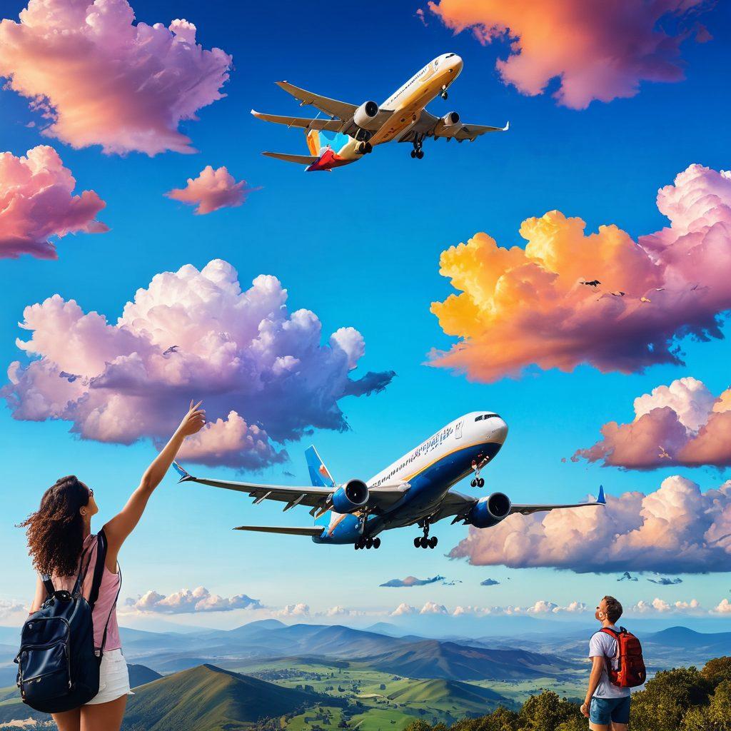 A collage of an airplane soaring through a sky filled with colorful clouds, with price tags floating around it. Below, a diverse group of travelers eagerly pointing at a large map and discussing travel deals, showcasing excitement. Include a calendar marked with significant travel dates and a small piggy bank symbolizing budget-friendly tips. The overall scene is vibrant and inviting, evoking a sense of adventure and exploration. super-realistic. vibrant colors. travel-themed.
