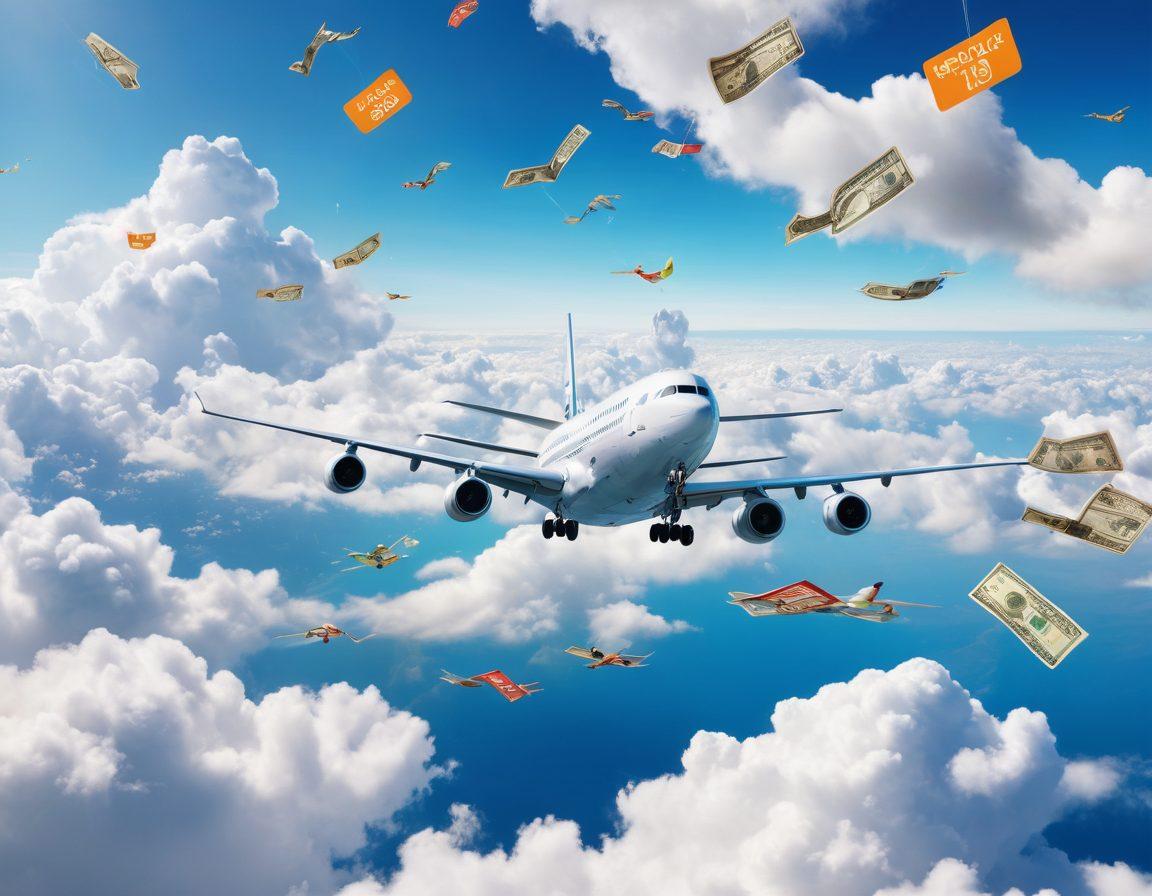 A visually striking collage featuring an airplane soaring above the clouds with vibrant dollar signs and discount tags floating around. Include a diverse group of happy travelers checking their phones for flight deals, with a world map in the background highlighting popular destinations. Bright and eye-catching colors to convey excitement and savings. super-realistic. vibrant colors. white background.