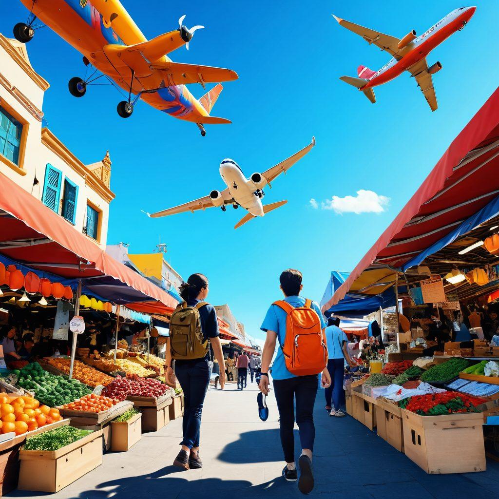 A whimsical travel scene featuring a backpacker joyfully exploring a vibrant market filled with inexpensive souvenirs and local delicacies. In the background, a colorful airplane takes off into a clear blue sky, symbolizing cost-effective flights. Incorporate elements of different cultures, such as street food stalls and diverse travelers sharing experiences. The atmosphere should feel energetic and adventurous. super-realistic. vibrant colors. dynamic composition.